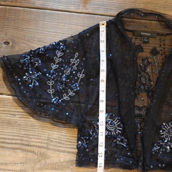 Vintage Y2K Sheer Sequin Mesh Shrug Womens XS Black Cropped Whimsigoth Fairy Top - Picture 7 of 8